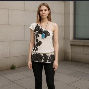 Guess Cream & Black Floral Off the Shoulder Sheer Blouse